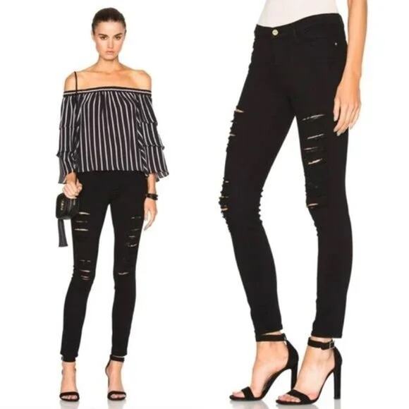 Frame Le Skinny de Jeanne Black Distressed Noir Low Rise Skinny Denim Jeans 24 - Picture 1 of 16